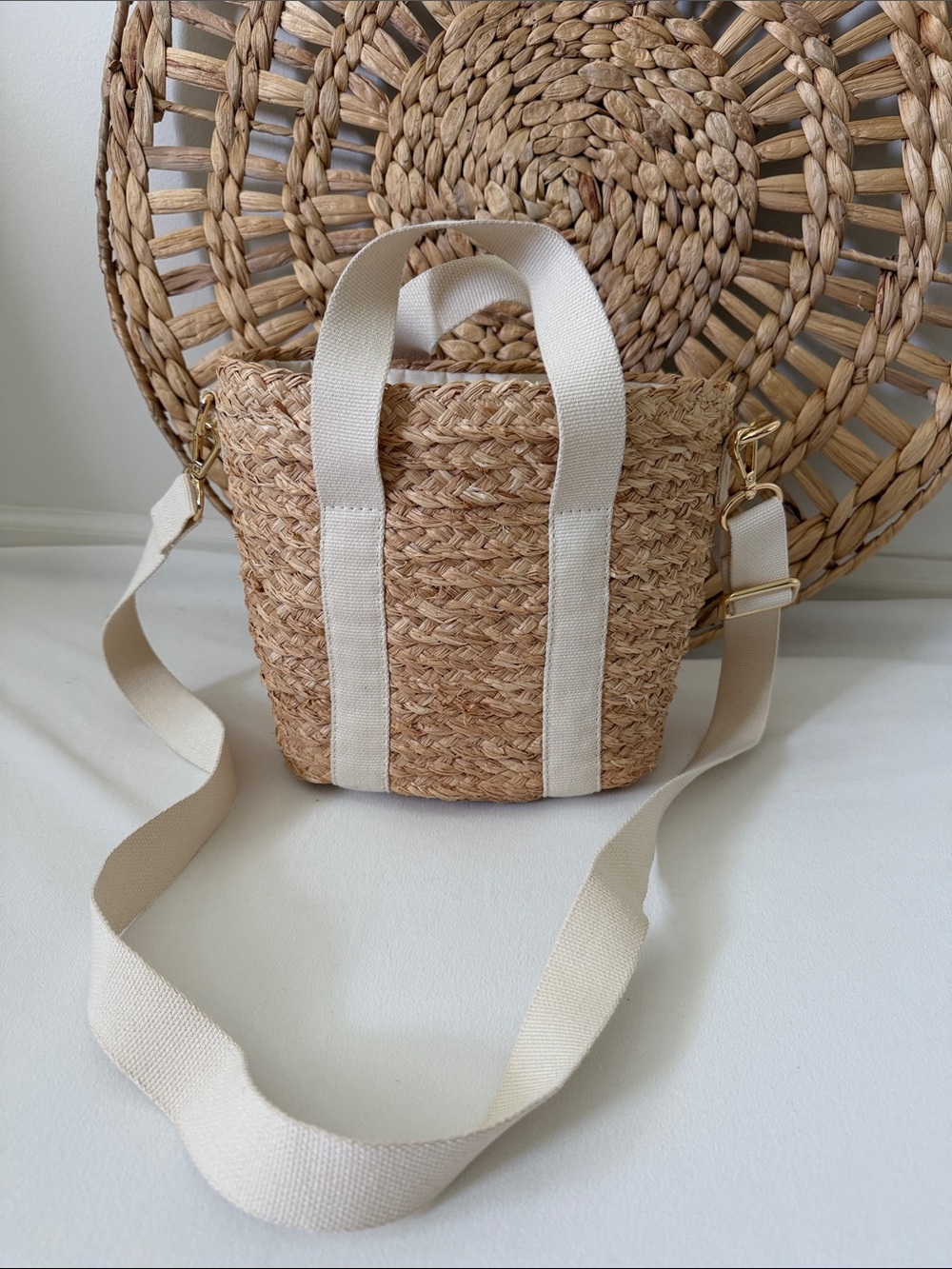 J.Crew Straw Woven Crossbody Tote Bag Natural Raffia Canvas Strap